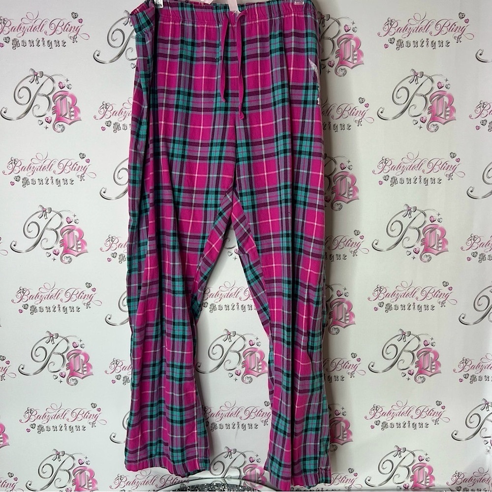 Disney tinkerbell trouble pants Plaid Pajamas Pink and blue tie up waist strings